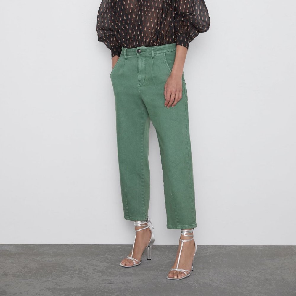 ZARA washed effect pleated pants Mid-green S